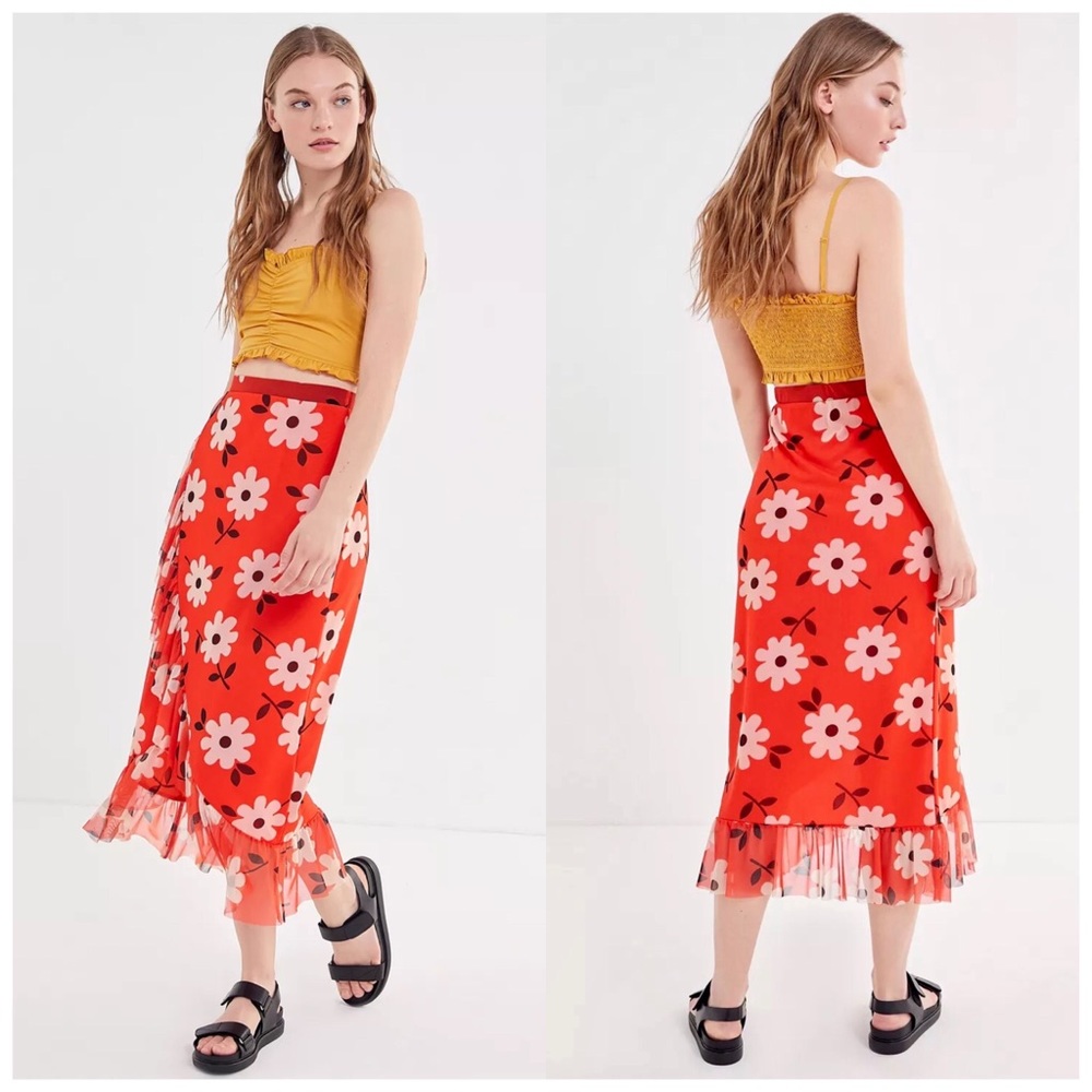 Urban Outfitters || Edie Floral Mesh Print Ruffle Midi Skirt Size XS